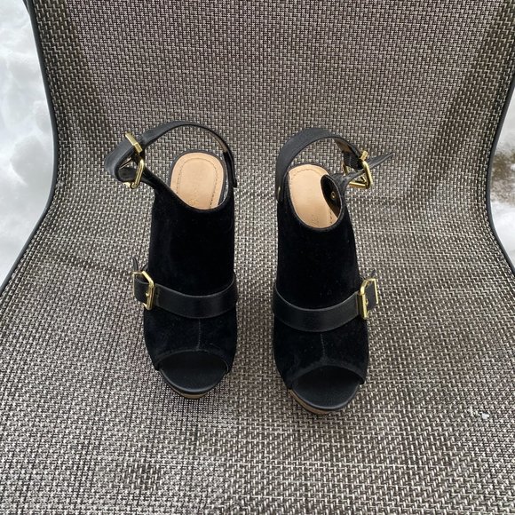 ~Ladies Shoe Dazzle Black Suede Gold Buckle Wedge Cork Slides/Heels~6.5M~NEW!~ - Picture 4 of 9